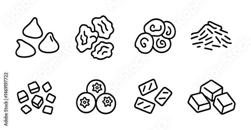 Food ingredient outline icons set – linear, culinary, kitchen essentials symbols