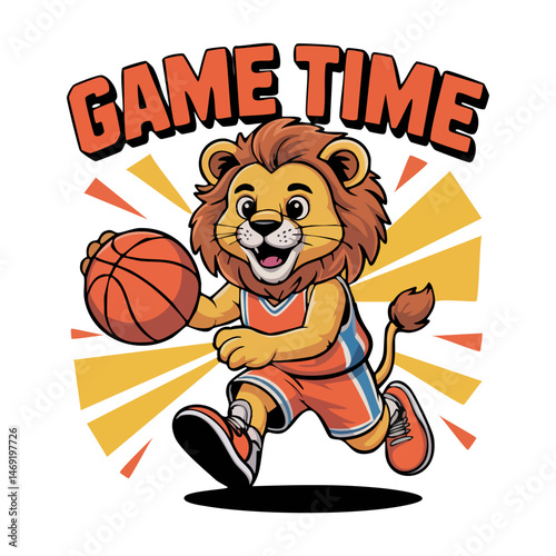 Retro style t shirt design lion character playing basketball