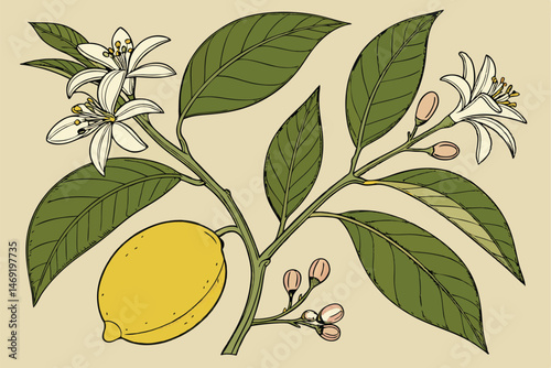 49 detailed botanical illustration, realistic rendering, lemon tree, green leaves, yellow lemons, blooming flowers, detailed textures, vivid colors, photorealistic, botanical illustration, plant study