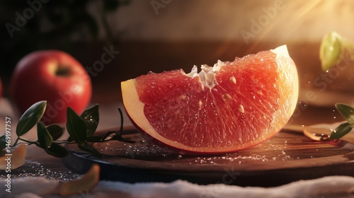 Half grapefruit and apple in dramatic shadow with wooden surface and intense warm directional light