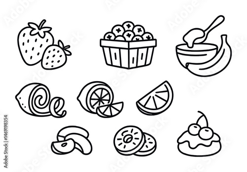 Fruit and food outline icons set – linear, line, culinary and snack symbols