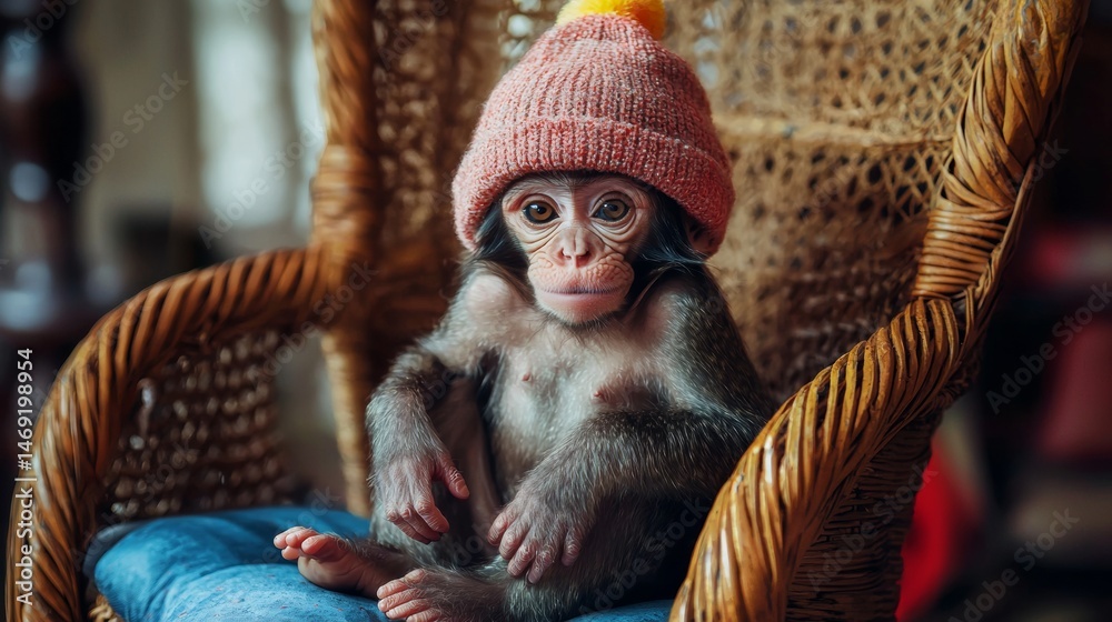 Monkey in winter hat sitting on wicker chair in warm interior with childlike cozy nostalgic setup