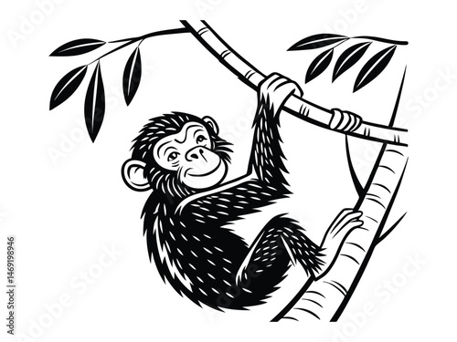 The monkey winks. The animal is hanging on the liana