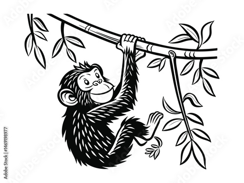 The monkey winks. The animal is hanging on the liana
