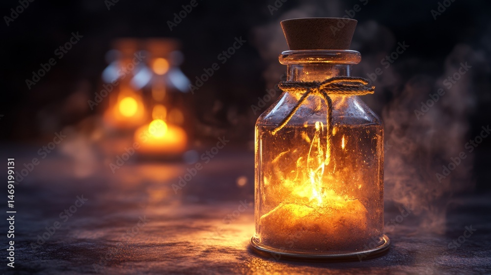 Vintage magical bottle glowing with fire sparkles in dark mystic candlelit ambiance setup scene