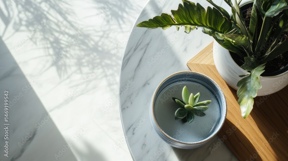 Top view of green plant in ceramic pot casting shadow on white marble textured surface