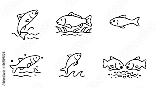 Fishing and aquatic outline icons set – line, linear, marine and sea life symbols