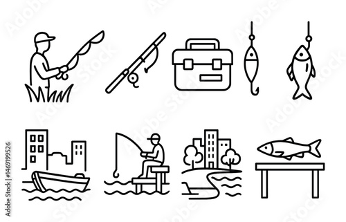 Fishing and outdoor line icons set – linear, outline, recreational sport symbols