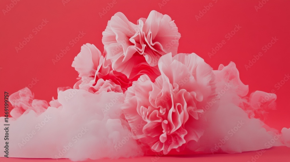 Pink cloudlike formations surrounding carnations floating above a gentle pastel background