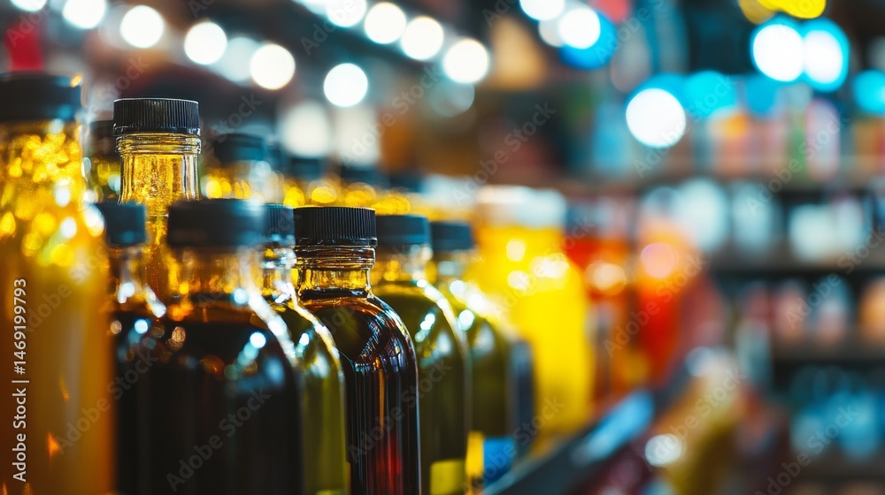 Close up of glass bottles with golden liquid on wooden shelves in blurry market background
