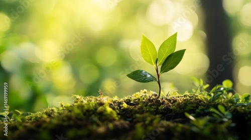 Bright green seedling emerging from mossy surface in sunlight environmental macro shot