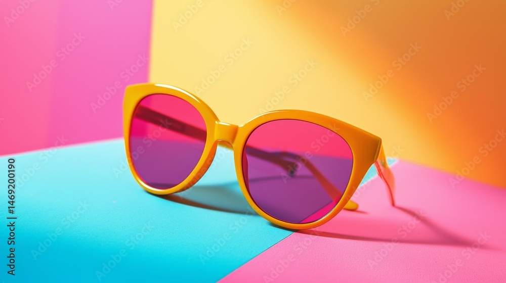 Yellow sunglasses resting on multicolored pop art backdrop with modern fashion styling