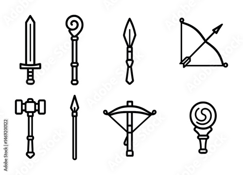 Medieval weapons line icons set – outline, swords, bows and fantasy battle gear