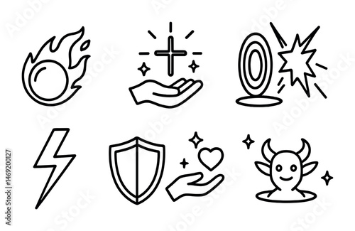 Magic and fantasy outline icons set – line, enchanted, mystical symbols