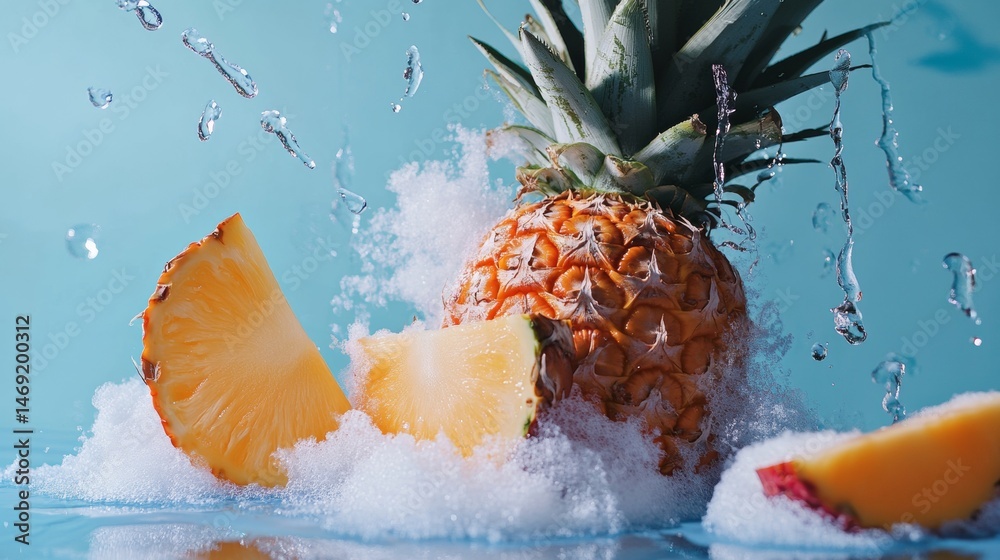 Frozen pineapple with ice shavings on cyan background for exotic tropical visual appeal