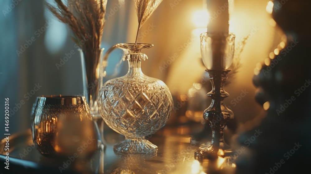Antique glass decanter with candles and luxurious vintage atmosphere on elegant table