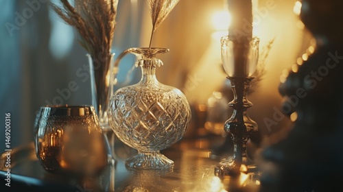 Obraz na płótnie Antique glass decanter with candles and luxurious vintage atmosphere on elegant table w salonie
