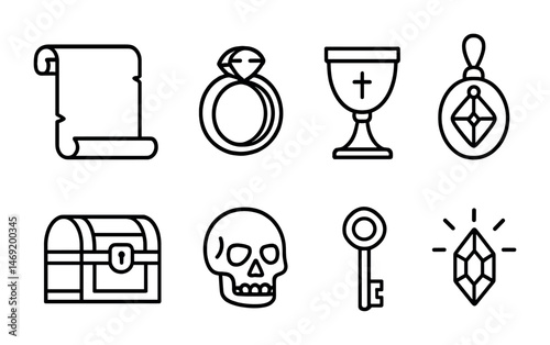 Ancient treasure outline icons set – linear, relics, and archaeology symbols
