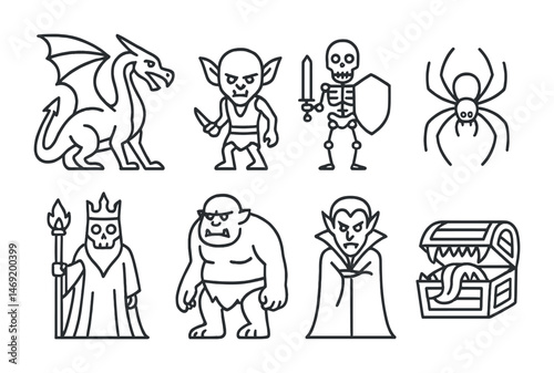 Fantasy creatures outline icons set – monsters, mythical, rpg symbols