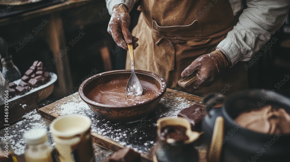 Chef mixing ingredients in pot with wooden spoon in cozy kitchen scene by candlelight