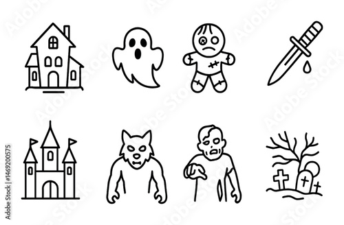 Halloween outline icons set – spooky, haunted symbols and horror illustrations