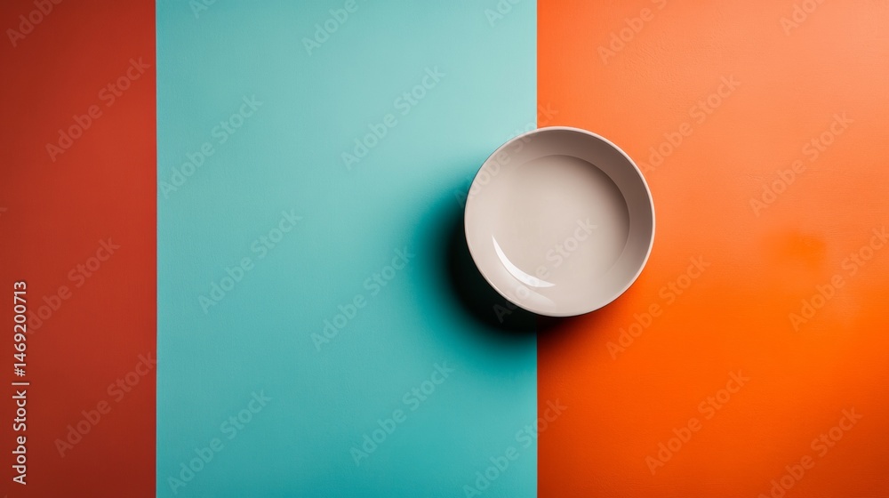 Minimalist plate on colorful geometric background with shadows for modern kitchen or food themes