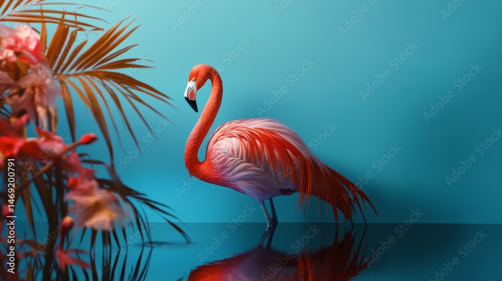 Flamingo sculpture on blue background with palm leaves and reflection in glossy ceramic surface