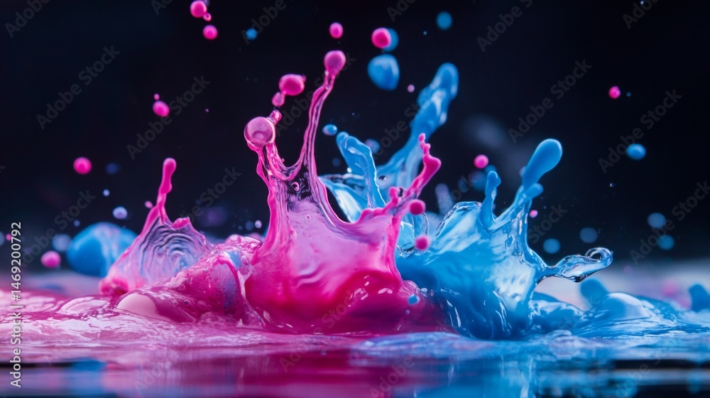 Vivid pink and blue paint splash captured midair on dark surface in high speed macro photography