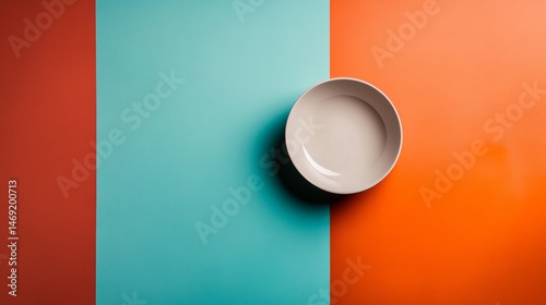 Obraz na płótnie Minimalist plate on colorful geometric background with shadows for modern kitchen or food themes w salonie