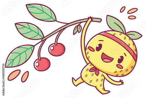 51 cartoon,cute,kawaii,happy,cheerful,smiling,limbs,character,anthropomorphic,yellow,green,leaves,fruit,fun,adorable,whimsical,digital art
