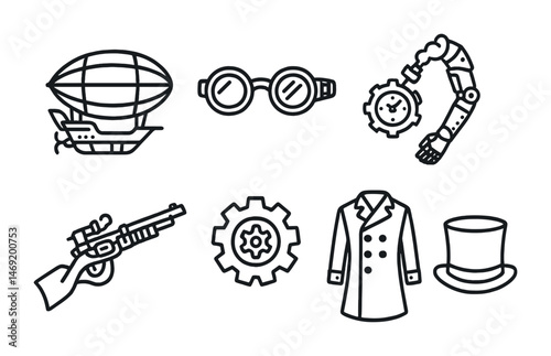 Steampunk adventure icons set – outline, industrial, retro-style designs