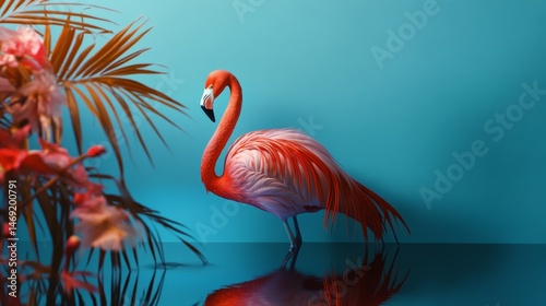 Obraz na płótnie Flamingo sculpture on blue background with palm leaves and reflection in glossy ceramic surface w salonie