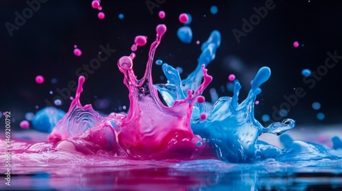 Obraz na płótnie Vivid pink and blue paint splash captured midair on dark surface in high speed macro photography w salonie