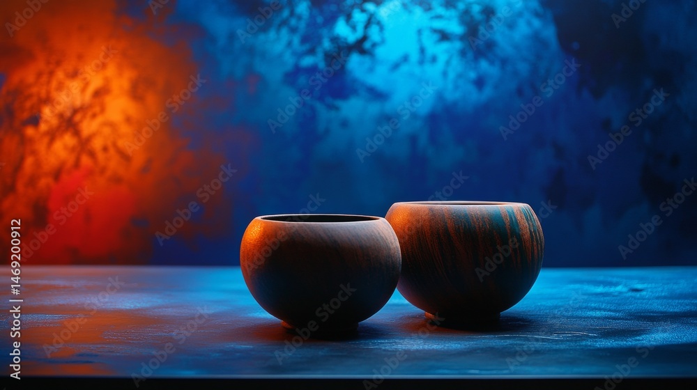 Twin ceramic cups on surreal orange and blue smoky background in fantasy artistic concept setup