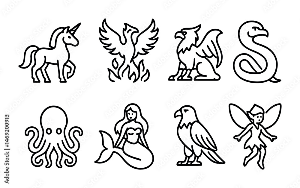 Fantasy creatures outline icons set – mythical, legend, magic symbols Fantasy creatures outline icons set – mythical, legend, magic symbols