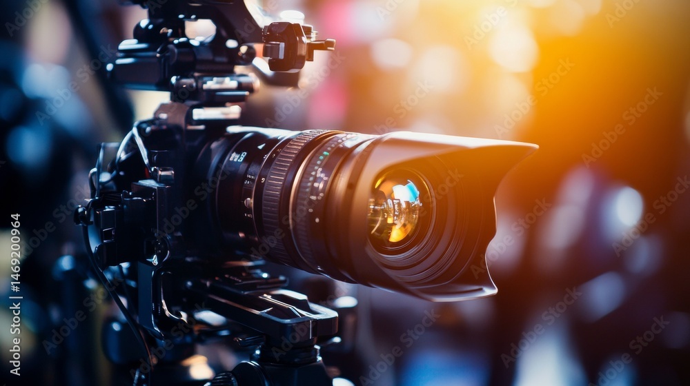 Professional digital cinema camera with lens capturing sunlight flare in documentary style production