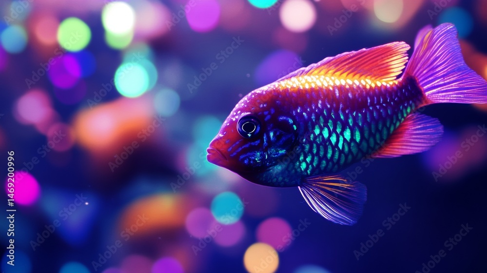 Vibrant neon fish swimming in glowing aquarium with colorful bokeh in night underwater scenery