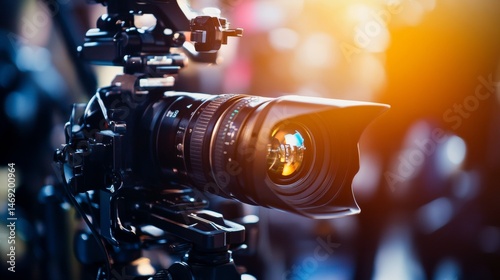 Obraz na płótnie Professional digital cinema camera with lens capturing sunlight flare in documentary style production w salonie