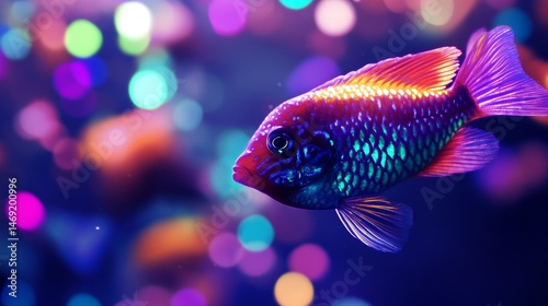 Obraz na płótnie Vibrant neon fish swimming in glowing aquarium with colorful bokeh in night underwater scenery w salonie