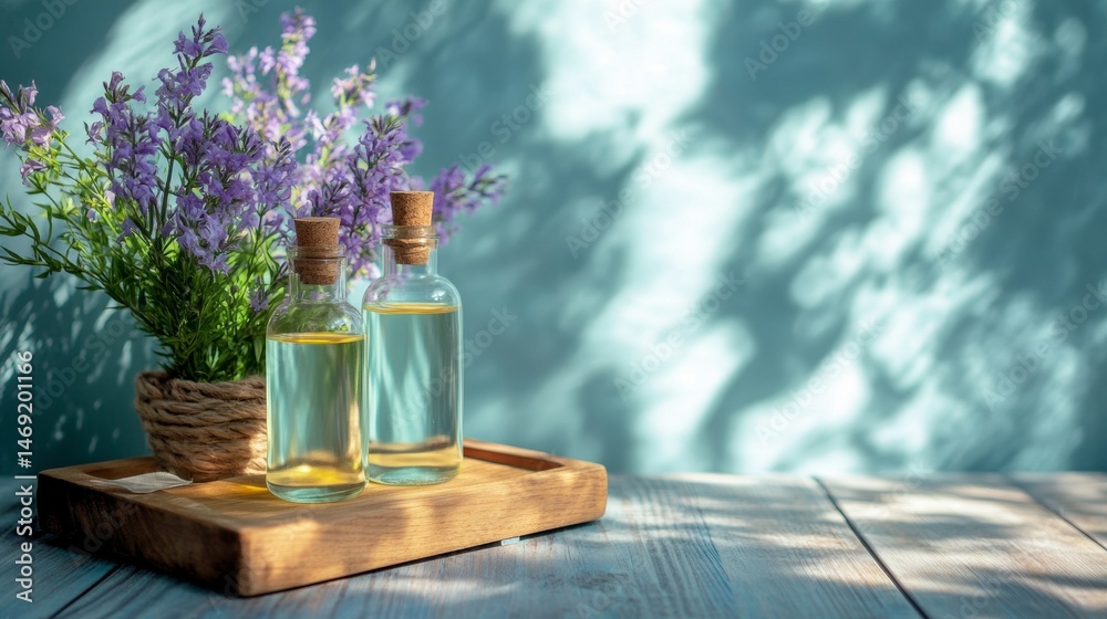 Spa aromatherapy setup with essential oils and flowers on wooden tray under soft daylight scene
