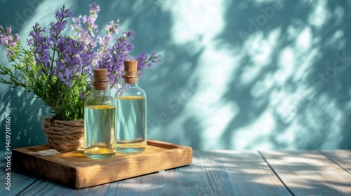 Obraz na płótnie Spa aromatherapy setup with essential oils and flowers on wooden tray under soft daylight scene w salonie