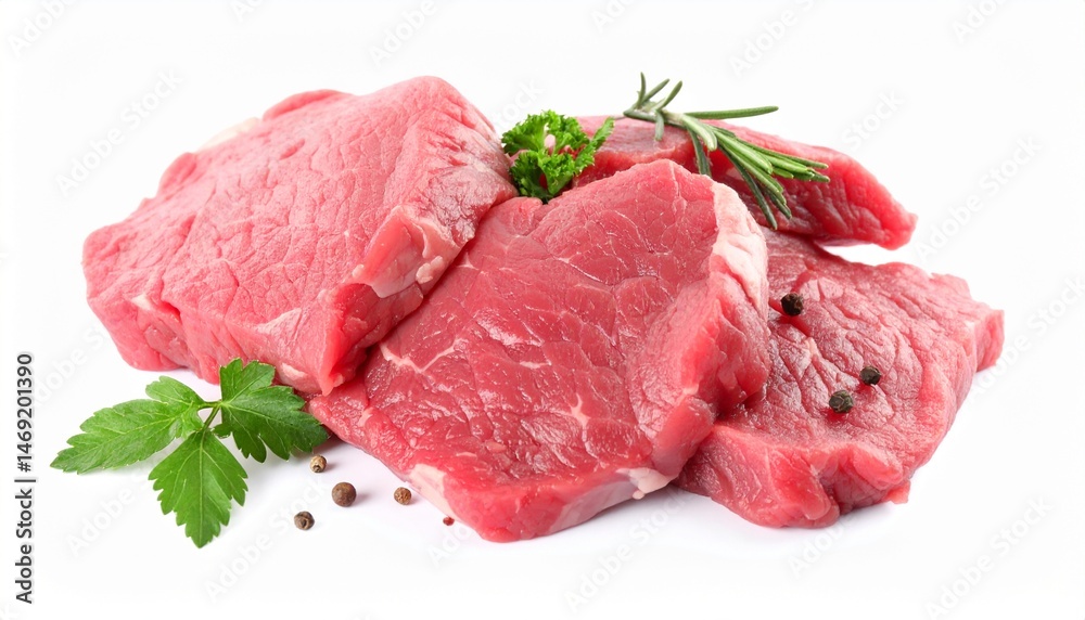 Raw Beef Steaks with Fresh Rosemary on White Background Raw Beef Steaks with Fresh Rosemary on White Background