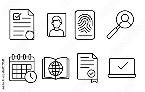 Document and identification line icons set – outline, office, verification graphics