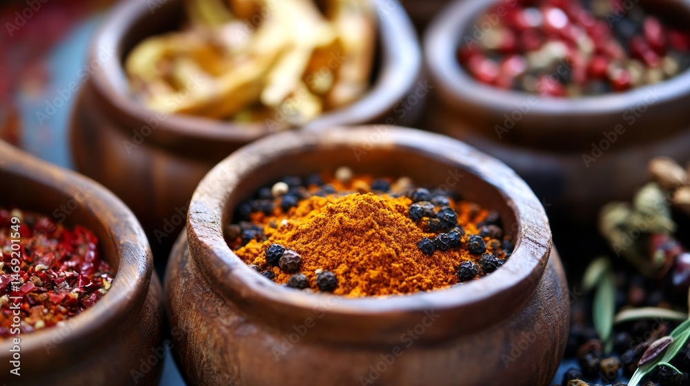 Clay spice bowls filled with colorful curry, pepper, and turmeric on market wooden counter