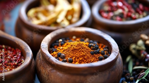 Obraz na płótnie Clay spice bowls filled with colorful curry, pepper, and turmeric on market wooden counter w salonie