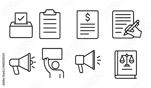 Voting and civic engagement icons set – outline, linear election symbols