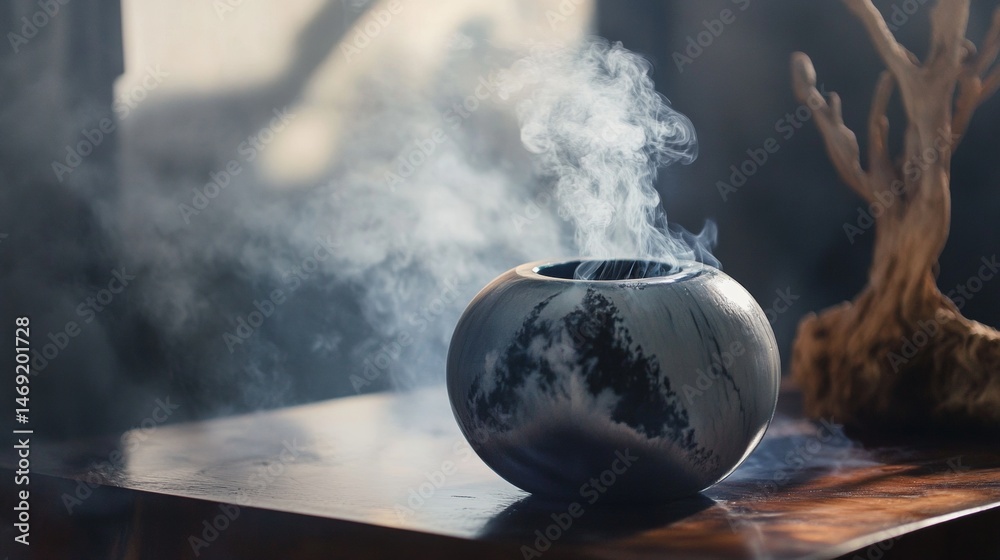 Misty black ceramic pot on wooden slab with smoke creating surreal Zen inspired still life