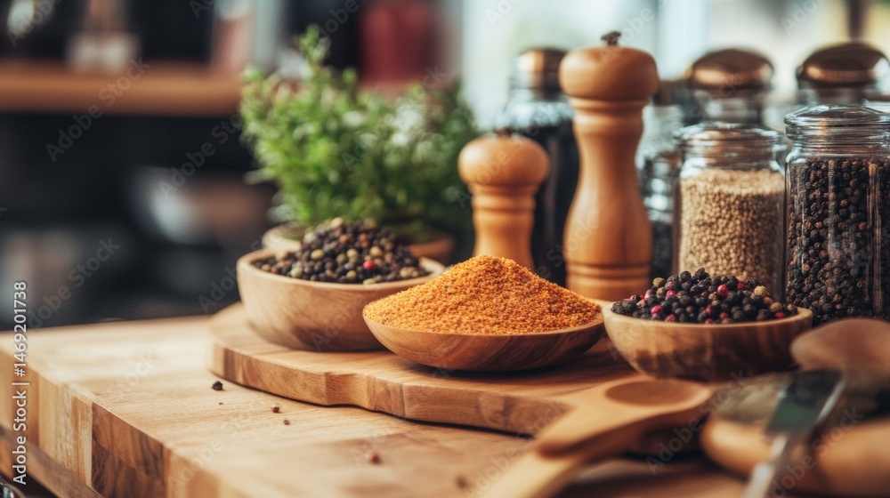 Spices and herbs with pepper mills on rustic kitchen counter in cozy farmhouse interior