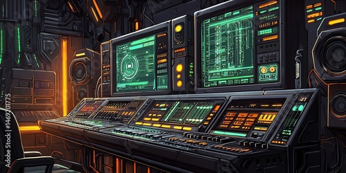 Futuristic Control Panel of an Audio Studio, with advanced technological components