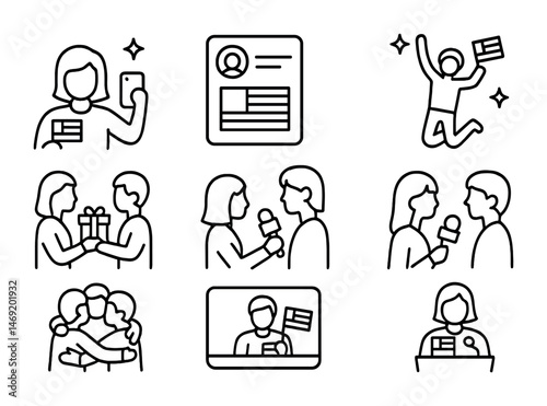 Citizenship and voting outline icons set – linear, silhouette, civic engagement symbols